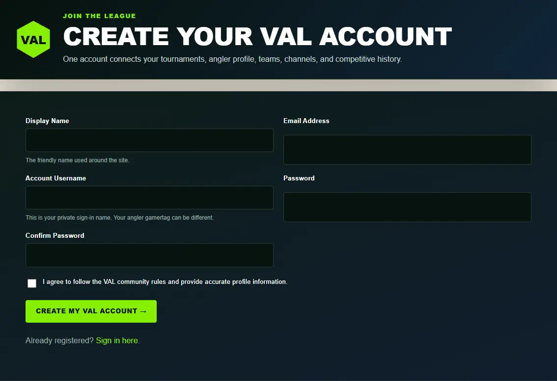 VAL account registration screen